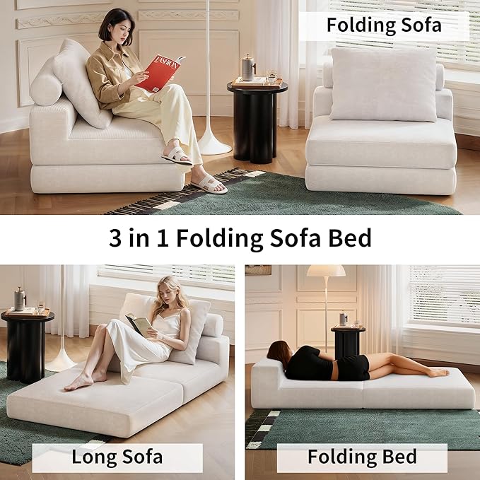 Folding Sofa Bed – Convertible Sleeper Chair Bed with Pillows/Single Floor Couch/Small Futon Couch Filled with High-Density Foam for Lounge, Guest Room or Office (White)