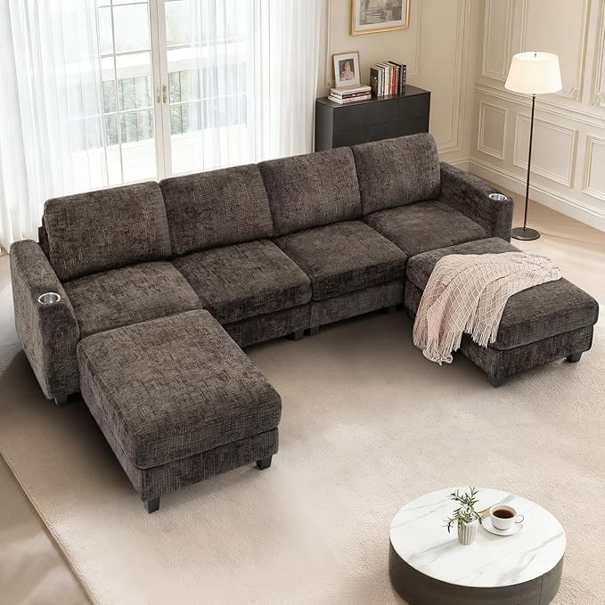 Lesofair 110" Convertible U-Shape Couch with 2 Flexible Ottomans, Soft Sectional Sofa with 2 Built-in Cup Holders, Chenille 4 Seats Sofa with Well-Filled Back Cushions for Living Room, House, Brown