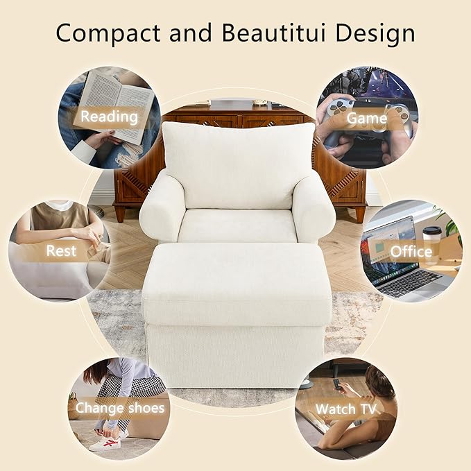 35.82" Accent Chair with Ottoman Set,Upholstered Living Room Chairs for Reading Chair with Chaise Lounge Chairs Indoor, Comfortable Armchair for Bedroom (Beige, 35.82")