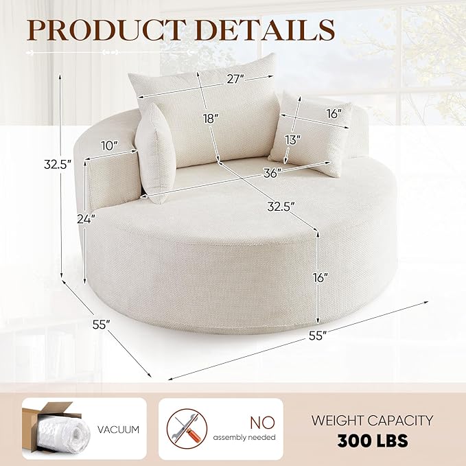 Antetek Oversized Round Chaise Longue Chair Indoor, Modern 55-inch Upholstered Waffle Chenille Deep Seat Circle Single Cloud Lounge Floor Sofa Chair for Living Room, Bedroom Apartment, Beige