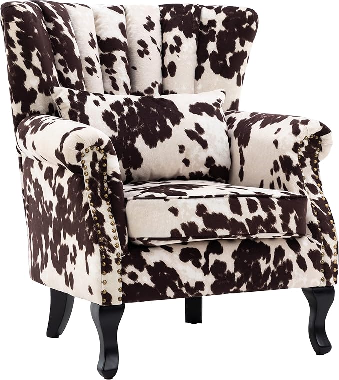 DM Furniture Cow Print Accent Chairs Set of 2 with Arm Comfy Velvet Living Room Chair Mid-Century Modern Wingback Side Chair Single Sofa Couch for Bedroom Guest Room