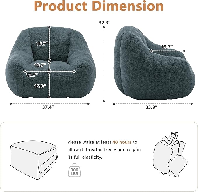 Setawix Bean Bag Chair with Filler, Comfy Teddy Bean Bag Chairs for Adults and Kids, Cozy BeanBag Sofa Fully Floor Couch with Memory Foam for Living Room Bedroom,Green