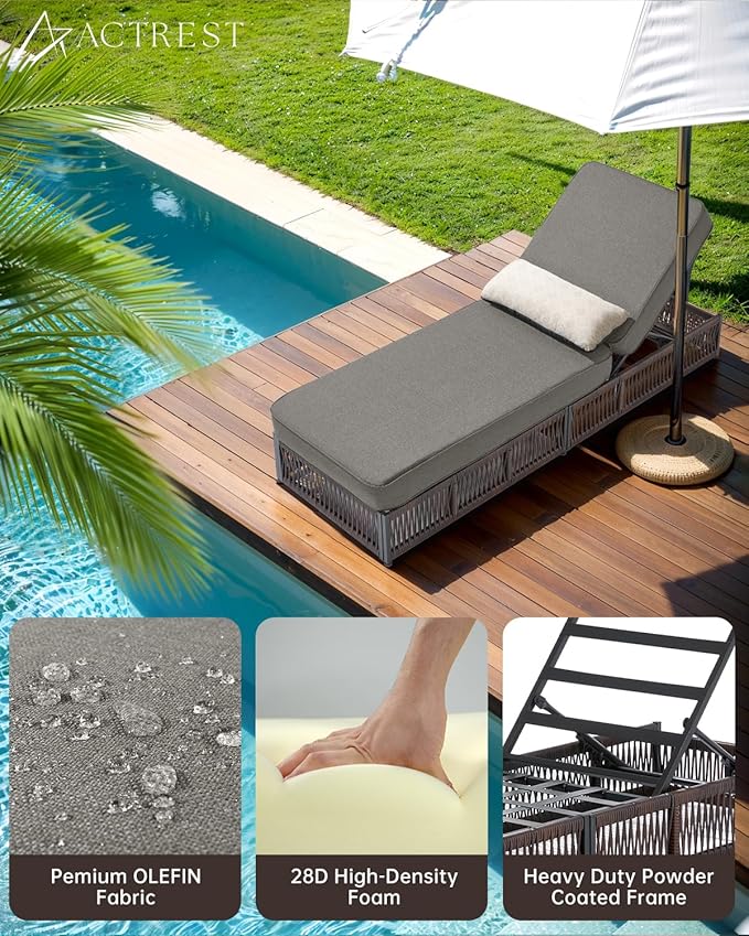 ACTREST Luxury Outdoor Chaise Lounge Chairs of 2 with 5 Inch Thick Cushions and Side Table - 3 PCS High Back Brown Wicker Rattan Patio Recliners Lounger Furniture Set for Poolside Sunbathing - Grey