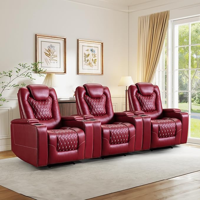 ANJ Power Recliner Chair Set of 3, Electric Soft Leather Reclining Home Theater Seating - USB Ports, Cup Holders, Hidden Arm Storage Movie & Media Room Chairs (Red)