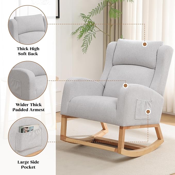 HCHAIRH Rocking Chair Nursery, Nursing Rocking Chairs for Mom Nursery, Comfy Wingback Glider Rocking Armchair with Foot Rest and Side Pocket for Nursery Living Room Bedroom, Light Grey