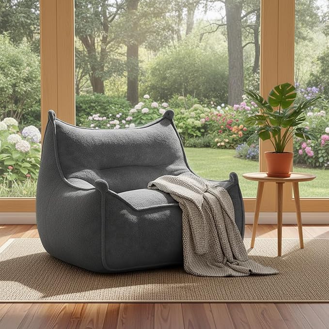 Giant Bean Bag Chair for Adults, Comfy Grey Beanbag with Filling Plush Fluffy and Back Support, Lounge Lazy Floor Sofa Accent Chair, Cozy Single Cloud Couch for Living Room, Bedroom & Dorm