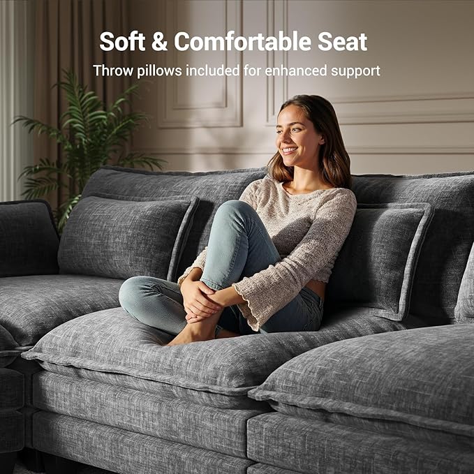 Pipishell Sectional Couches for Living Room, 110.6" U-Shaped Modular Sectional Sofa, 5-Seat Chenille Deep Seat Cloud Couch with 2 Movable Ottomans & Throw Pillows, Grey