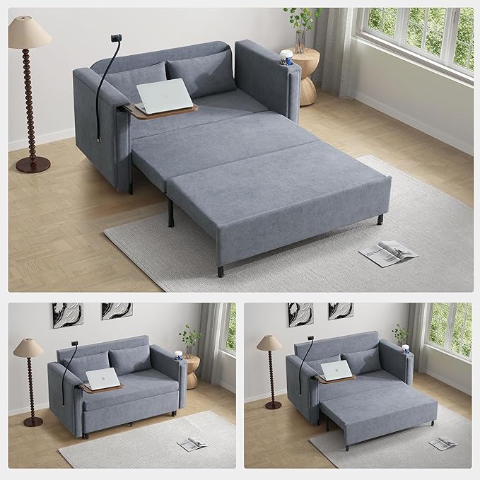 ORRD Pull Out Sofa Bed, 2-in-1 Multi-Functional Sleeper Couch Small Loveseat Bed with Hidden Side Table, Phone Holder and Cup Holder for Living Room, Small Space, Apartment (Grey)