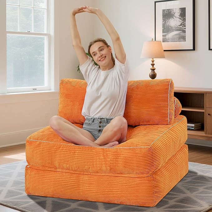 HABUTWAY Folding Sofa Bed, Convertible Sleeper Chair Bed w/Dual-Pillow & Handle, Foldable Floor Sofa Lounge w/Back Support for Living Room, Bedroom, Apartment, Office, Single, Orange