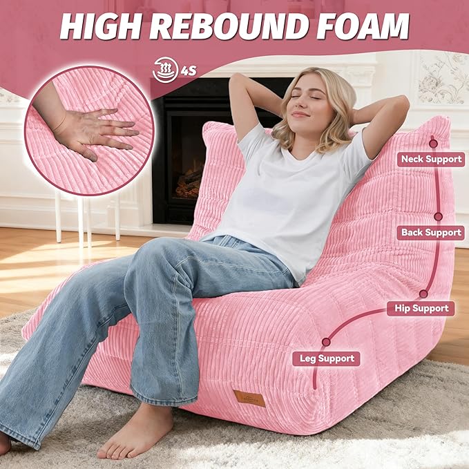 Bean Bag Chair,Giant Beanbag Chairs for Adults,Comfy Large Fireside Chair Lazy Sofa,Corduroy Bean Bag Lounger with Memory Foam Filled,Floor Sofa Couch for Home,Dorm,Living Room (Pink)