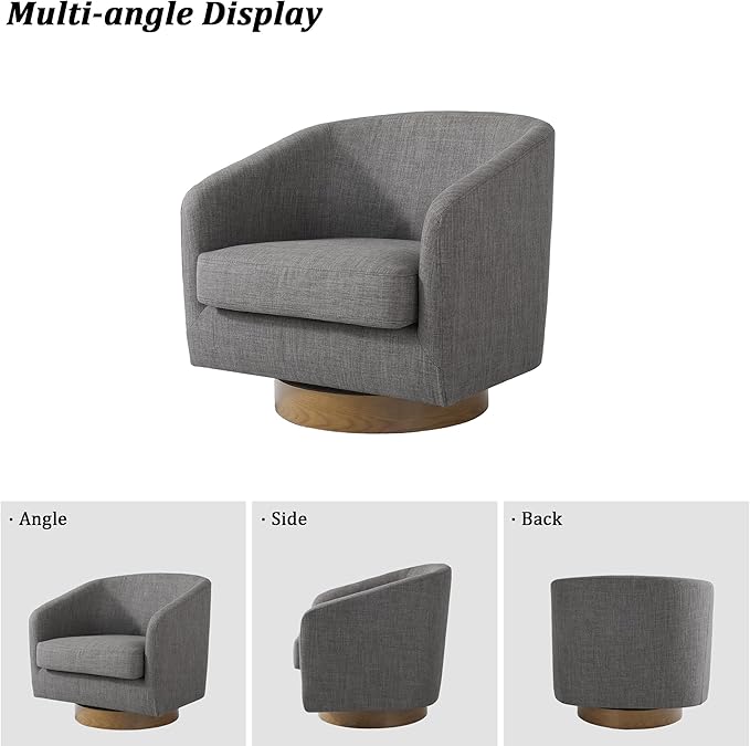 Swivel Barrel Chair, Modern Round PU Leather Accent Armchair for Living Room, Bedroom, Oversized Comfy Club Reading Chairs for Adults (Fabric Grey, Set of 1)