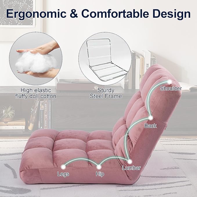 HOMYEDAMIC Floor Chair, 24 inches Wide Oversized Velvet Armless Lay Flat Floor seat Padded Meditation Chair with 6 Adjustable Position Ergonomic Comfortable Convenient(LRSF-008-PINK)