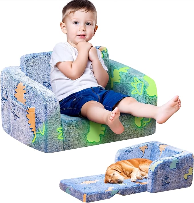 Lamerge 2-in-1 Soft Toddler Couch Fold Out,Foldable Toddler Chair, Glow in The Dark Kids Sofa for playroom,Convertible Foam and Floor Cushion for Boys and Girls (Blue and Dinosaur)