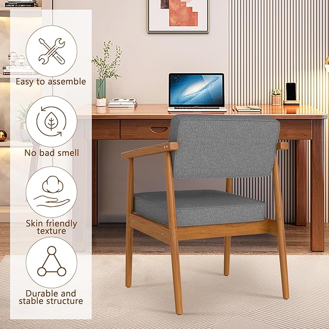 LSSPAID Mid Century Dining Chair Set of 1, Grey Fabric Upholstered with Walnut Finished Handrails Comfy Backrest, Farmhouse Dining Room Chairs for Kitchen, Living Space & Restaurant