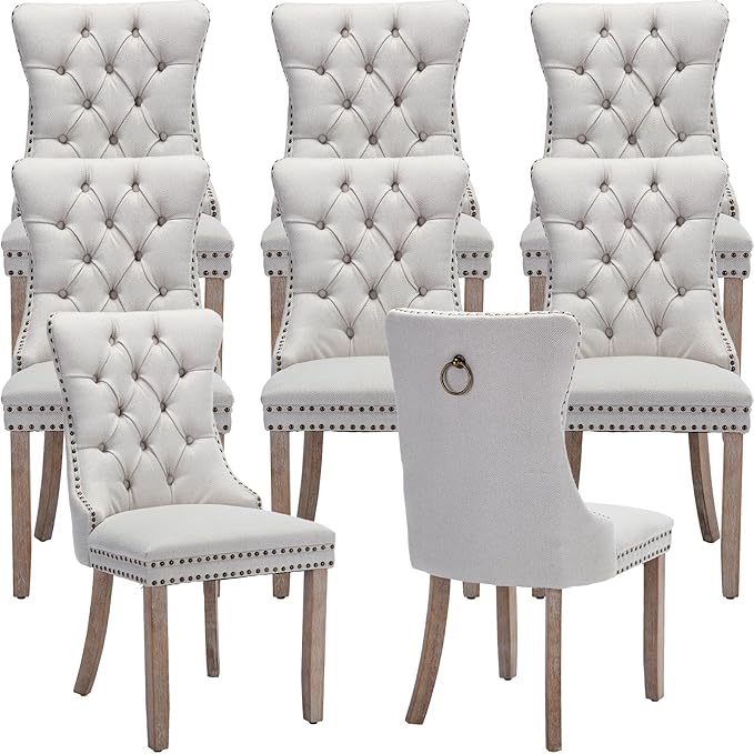 YeahFurn Beige Mid Century Modern Dining Chairs Set of 8, Linen Upholstered Kitchen & Dining Room Chairs with Nailhead Trim & Solid Wood Legs, Elegant Sillas De Comedor (Beige, 8 Pcs)