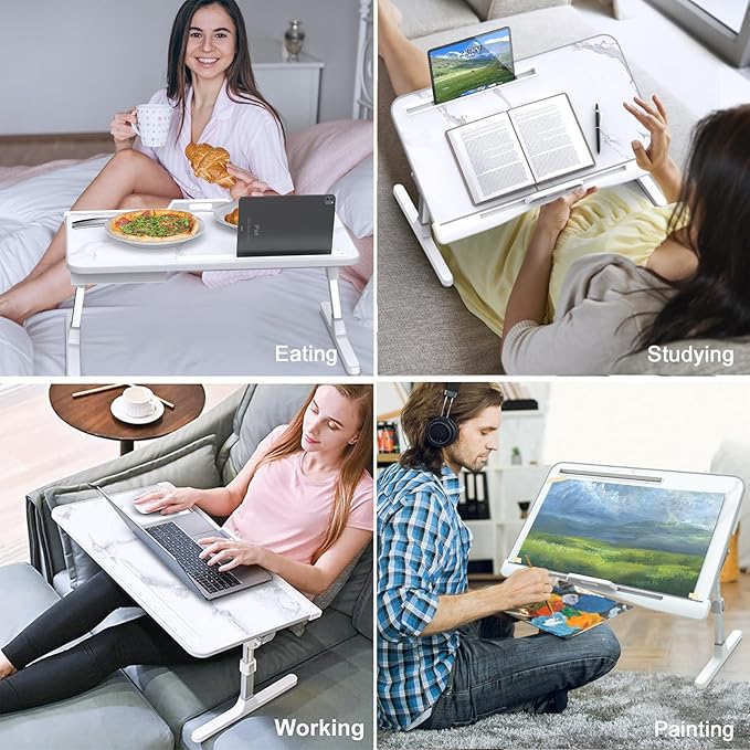 Laptop Bed Tray Table, Adjustable Sturdy Laptop Stand for Bed with Premium Materials, Folding Portable Lap Desk with Drawer for Writing Working Reading Eating Couch Floor (Marble, 23.6"×14")