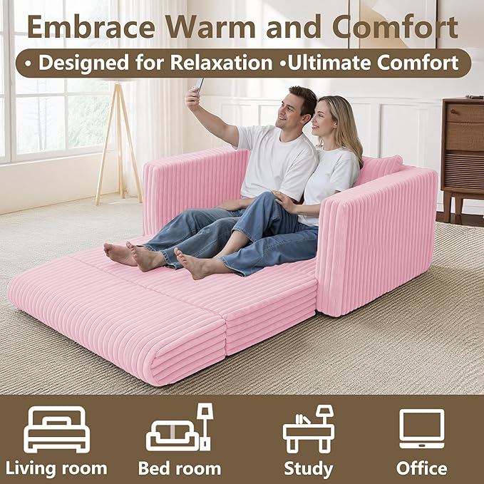 HABUTWAY Folding Sofa Bed, 2 in 1 Convertible Sleeper Chair with Pillow, Portable Fold Out Chair Bed with Armrest, Comfy Floor Couch, Lazy Sofa for Living Room Bedroom Dorm Home Office, Pink