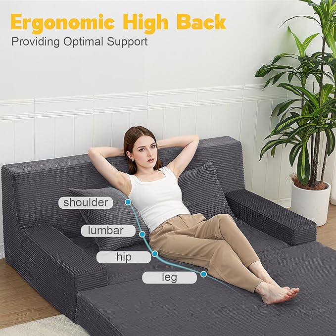 MeMoreCool Folding Sofa Bed Queen – Corduroy Convertible Foam Sleeper Chair, Fold-Out Futon Couch Bed | Machine Washable | High-Density Foam | Guest & Living Room Seating