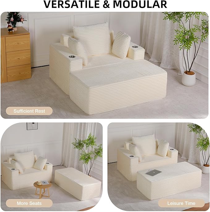 54"W Oversized Chaise Lounge Chair Indoor, Boneless Chaise Lounge Couch, Convertible Comfy Reading Chairs, Corduroy Sleeper Chair Couches for Living Room, Compression Sofa with Ottoman, Beige
