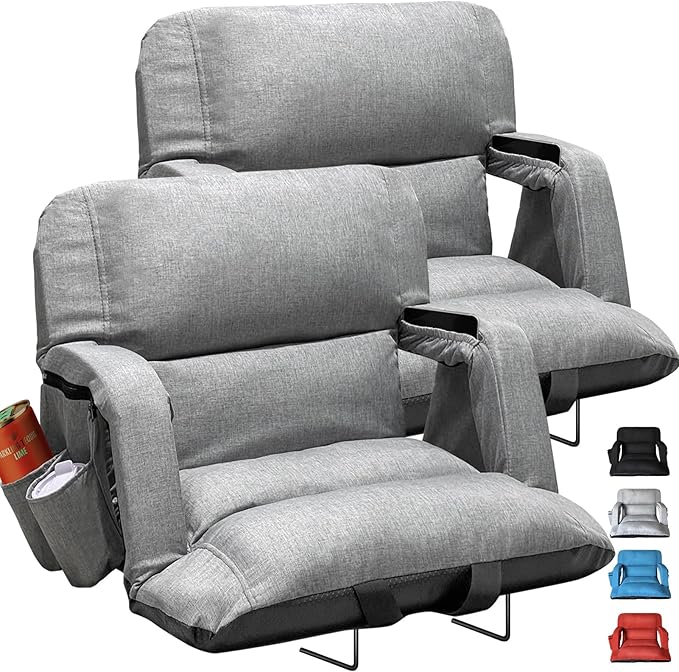 Extra Wide Stadium Seats With Back Support 2 Pack, Exclusive "Sofa Style" Design Thick Bleacher Chairs With Back and Cushion, 6 Reclining Positions - Ultimate Comfort for Sports Events (Grey, 25")
