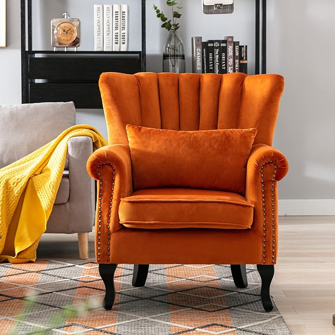 DM Furniture Mid Century Accent Chair Modern Tufted Wingback Armchairs Club Chair Velvet Single Sofa Lounge Chair with Pillow for Living Room, Orange