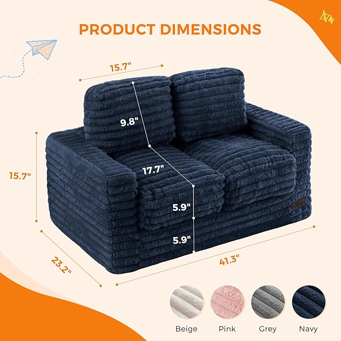 MAXYOYO Extra Wide Kids Bean Bag Chair, Comfy Faux Fur Bean Bag Sofa with Filler, Upholstered Floor Sofa with Pillows and Armrests, Lazy Floor Chair Couch for Boys and Girls, Navy