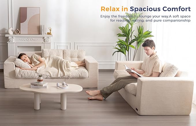MAXYOYO 3 Seater Couch for Living Room, Boneless Couch with Tufted Cushion & Backrest, Upholstered Floor Sofa for Adults, No Assembly Required, Beige