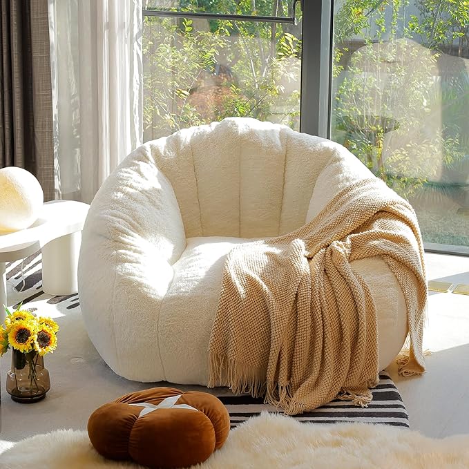 Big Bean Bag Chairs for Adults Giant Sofa with Faux Fur Shell-Shaped Beanbag Couch, Stuffed Large Bean Bag Floor Chair for Living Room, Beanbags Reading Chair for Bedroom Single Sofa(XL-White)