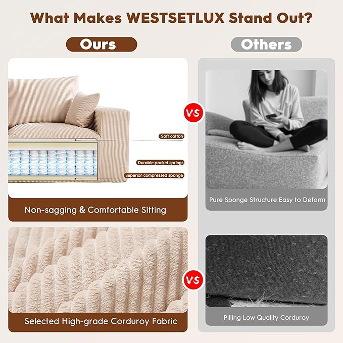 WESTSETLUX 108” Cloud Sectional Sofa Couch with High-Seat, Corduroy Modular Sofa with Oversized Chaise, High-Back Modern L-Shaped Couches for Living Room, No Assembly Required (Oatmeal)