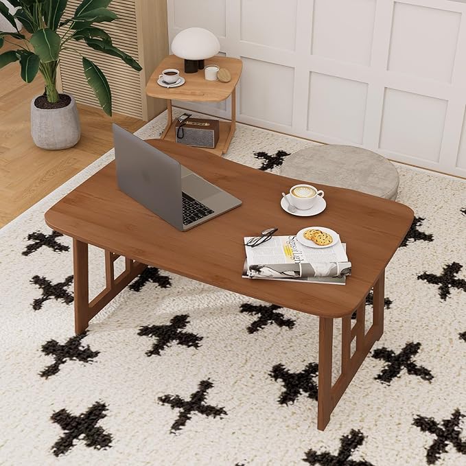 Japanese Floor Table Bamboo Folding Table,Portable Collapsible Tatami Tea Table, No Assembly Foldable Low Table for Sitting on The Floor, Easy Storage (Brown)