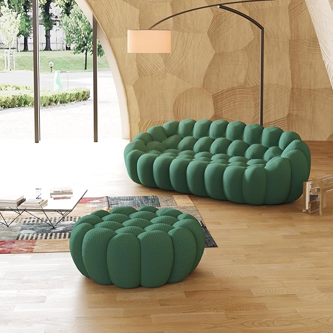 JACH Bubble Sofa with Ottoman, Curved Couch, Comfy Upholstered Sofa, Mesh Fabric 3D Honeycomb Shape Modern Couch for Living Room, Office, Apartment, Small Space (Green)