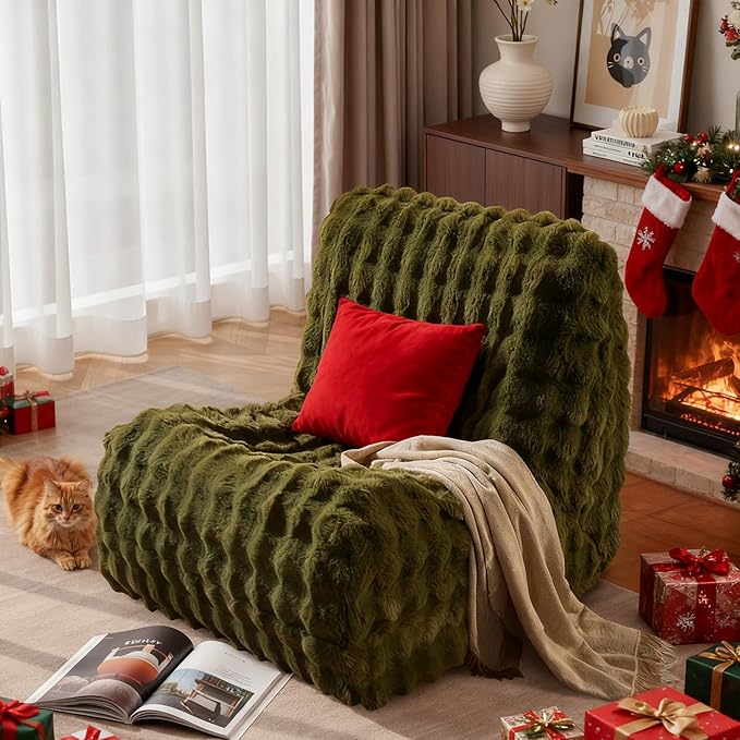 Green Bean Bag Chairs for Adults,Comfy Small Bean Bag Sofa with Back Support,Memory Foam Bean Bag Chair for Kids,Faux Fur Fireside Beanbags Lazy Sofa for Bedroom,Dorm,Apartment,Living Room