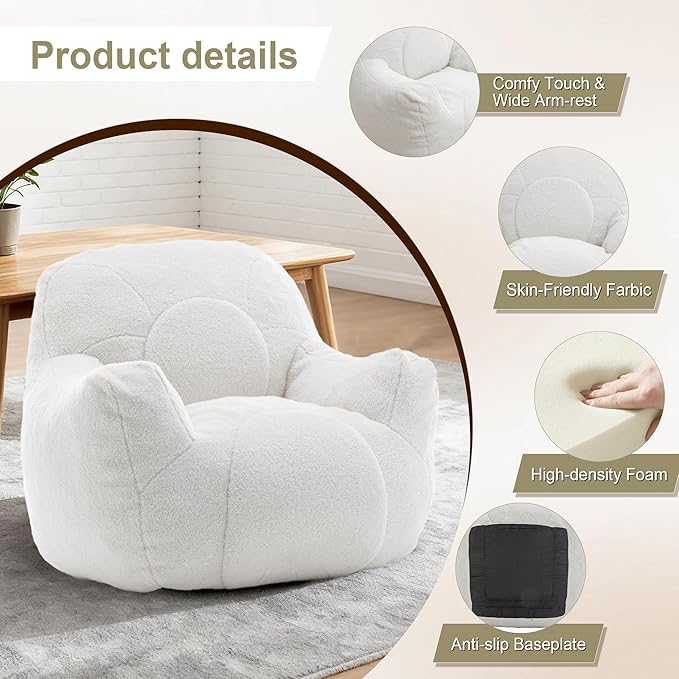 Bean Bag Chair, Bean Bag Couch for Adults Kids, Comfy Flower-Shaped Chair with Filler Armrests Stuffed High-Density Foam Stuffed Sofa Lounge Floor Sofa for Bedroom,Gaming, Reading, White