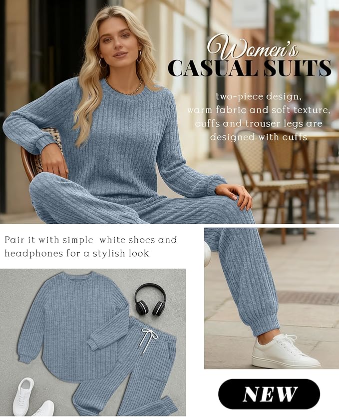 Sweetyweee Women's Ribbed Knit Lounge Sets 2 Piece Outfits Long Sleeve Pajamas Set Loungewear Sweatsuits Fall Pjs with Pocket