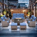 Luxury High Back Outdoor Furniture with 6-inch Extra Thick Cushions, Patio Furniture Set with Fire Pit Table & Swivel Chairs, 9 PCS Wicker Conversation Set for Yard, Deck, Poolside, Brown/Blue