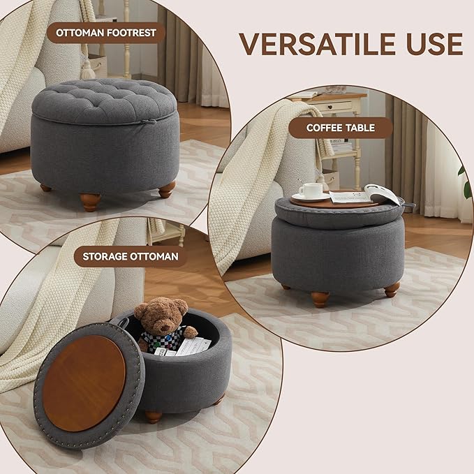 WUTUTUEE 24Inch Round Storage Ottoman with Tray, Modern Tufted Fabric Circle Coffee Table with Storage, Upholstered Ottoman with Removable Top for Living Room, Bedroom, Dark Grey