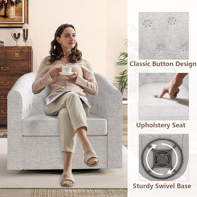 Simore Swivel Accent Chair for Living Room, Comfy Fabric Round Swivel Barrel Chair for Nursery Office Bedroom, Light Gray