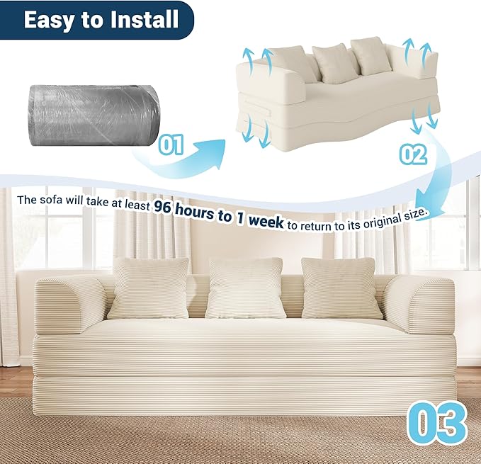Cloud Boneless Convertible Sleeper Sofa Bed for Living Room 89" 4-in-1 Foldable Compressed Lounge 3 Seater Floor Couches High-Density Sponge & Corduroy Fabric Multi-Form Pull Out Futon Daybed(Beige)