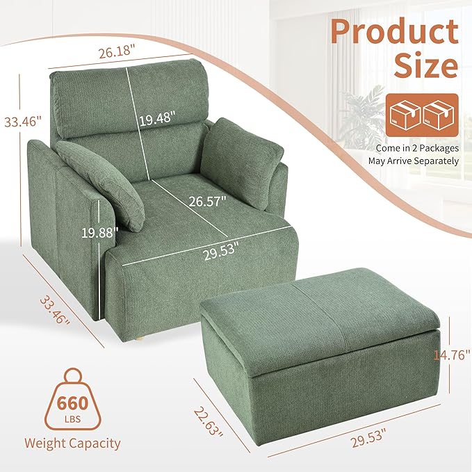 Snowflake Fleece Oversized Accent Chair with Storage Ottoman - 26.57" Wide Deep Seat Reading Chair, Convertible Daybed, 400lbs Capacity for Living Room & Apartment (Green)