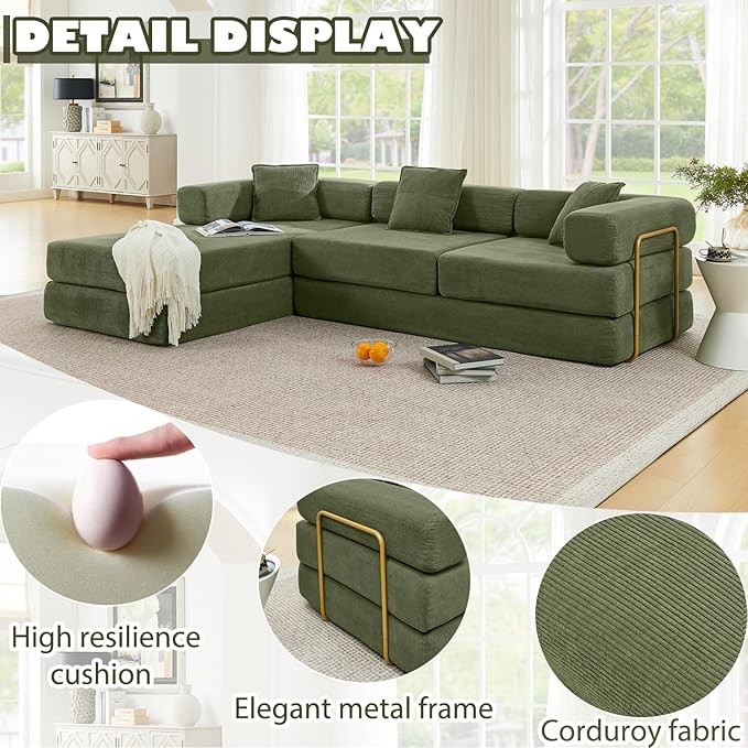 HANXIN 108" Modular Sectional Sofa, Futon Convertible Sofa Bed,Oversized Corduroy Boneless Couch for Living Room,Floor Loveseat Sleeper with Pull Out Bed,Free Combination,No Assembly Required (Green)
