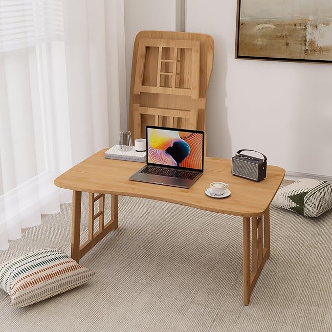 Japanese Bamboo Folding Floor Table for Sitting on Floor, Tatami Table Foldable, No Assembly, Low Tables for Small Spaces Living Room/Portable Zen Chabudai for Meditation - Light Brown