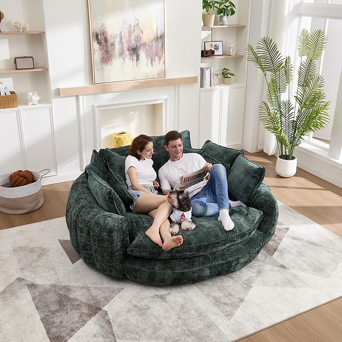 81" Oversized Bean Bag Chair Boneless Round Chaise Lounge Comfy Chenille Reading Chair Fluffy Plush Sofa Bed Large Deep Seat Circle Cloud Couch for Living Room, Bedroom, Apartment, Green