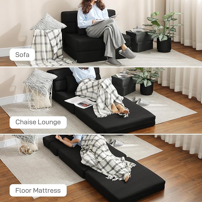 HOMCOM Folding Sofa Bed, Sleeper Chair with Pillow, Modern Linen Convertible Chair Bed, Fold Out Floor Futon Couch for Living Room, Dorm, Guest Use, Home Office, Black