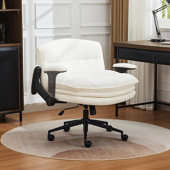Criss Cross Chair with Flip-up Arms, Wide Criss Legged Chair with 3 Layer Cushion, Ergonomic Office Desk Chair with Wheels, Swivel Vanity Chair for Office, Living Room, Bedroom, Boucle White