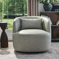 KINWELL 33'' W 100% Top Grain Genuine Leather Swivel Barrel Armchair No Assembly Round Upholstered Leather Swivel Accent Chairs with Toss Pillow for Living Room Office Lounge, Light Gray