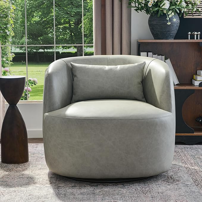 KINWELL 33'' W 100% Top Grain Genuine Leather Swivel Barrel Armchair No Assembly Round Upholstered Leather Swivel Accent Chairs with Toss Pillow for Living Room Office Lounge, Light Gray