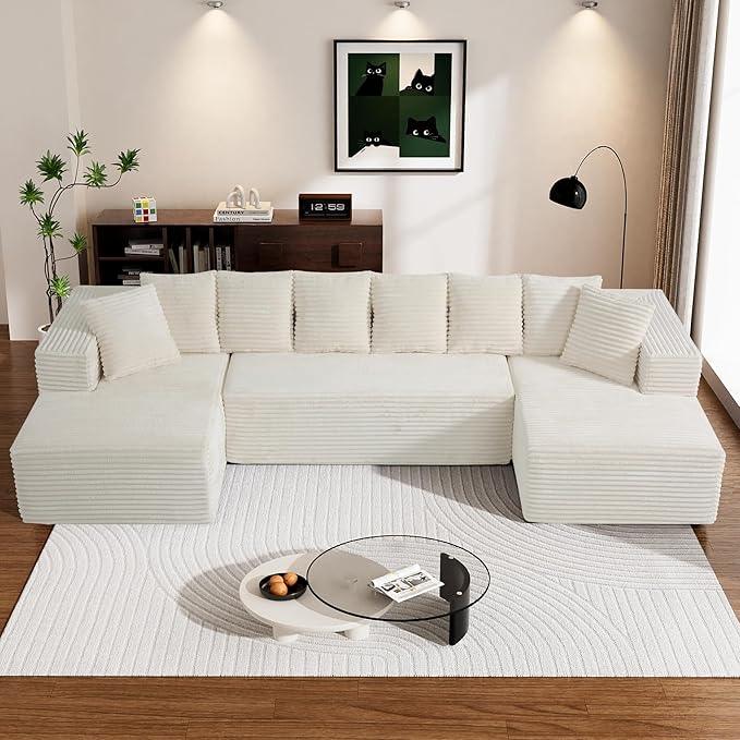Modular Sectional Sofa, 130" U Shaped Cloud Couch Plush Corduroy Comfy Deep Seat Boneless Sofas with 8 Pillows Double Chaise Lounge Sectional Couches with Memory Foam for Living Room - Beige White