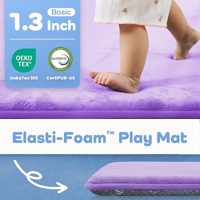 PAPAMAT 1.3" Thick Baby Floor Play Mat 50x50, Basic Padded Foam Mat for Tummy Time Crawling, Non Slip Cushioned for Babies Toddlers Infants Kids (Violet)