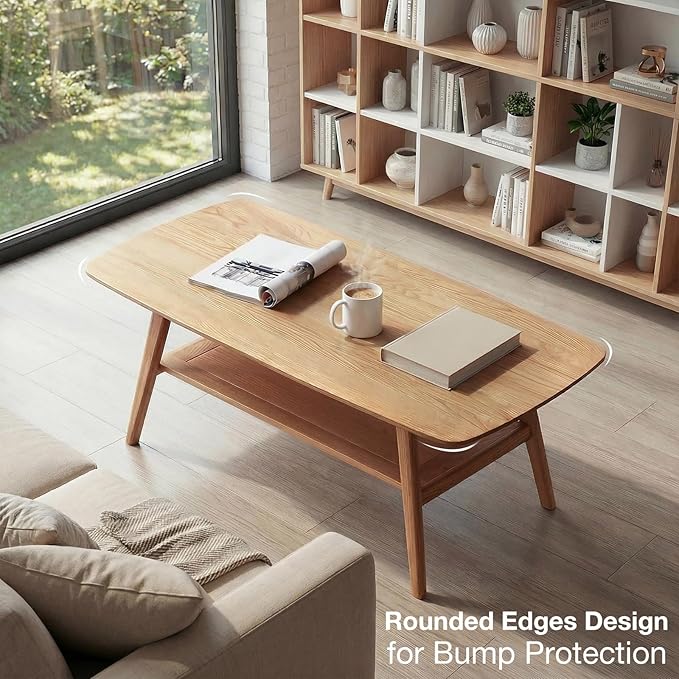 Mid Century Modern Coffee Table: 100% Solid Wood Coffee Table - 2-Tier Storage Design - Practical Coffee Tables for Living Room, Apartment, Easy Assembly (Natural, 39.37")
