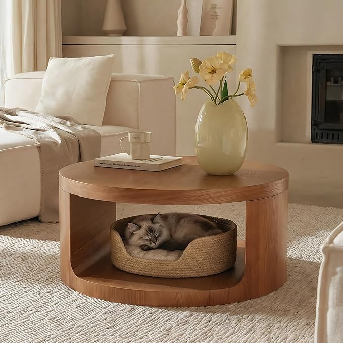 Veihaus Round Coffee Table with Storage, 31.5" Modern Living Room Table, 2 Tier Circle Wood Center Tables for Apartment, Living Room, Open-Style Storage Coffee Tables, 31.5"*15.7" (Nature Wood)